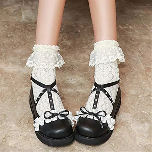 Breaking In Loafers 100FIXEO Women Fashion Flats Heel Bow Rivet Buckle Strap Platform Ruffles Round Toe Elegant Mary Janes Shoes (Black, 8.5)