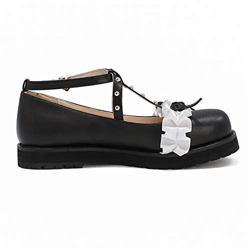 100FIXEO Women Fashion Flats Heel Bow Rivet Buckle Strap Platform Ruffles Round Toe Elegant Mary Janes Shoes (Black, 8.5) Aldo Dress Loafers