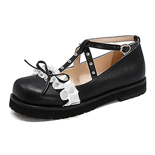 100FIXEO Women Fashion Flats Heel Bow Rivet Buckle Strap Platform Ruffles Round Toe Elegant Mary Janes Shoes (Black, 8.5) Best Quality Penny Loafers