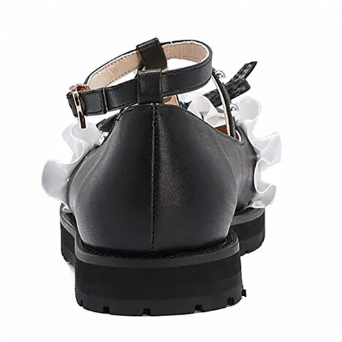 100FIXEO Women Fashion Flats Heel Bow Rivet Buckle Strap Platform Ruffles Round Toe Elegant Mary Janes Shoes (Black, 8.5) Loafers Rubber Horsebit