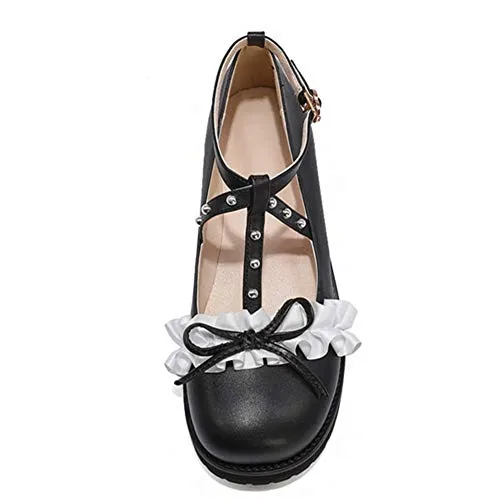 Ferragamo Loafers Suede 100FIXEO Women Fashion Flats Heel Bow Rivet Buckle Strap Platform Ruffles Round Toe Elegant Mary Janes Shoes (Black, 8.5)
