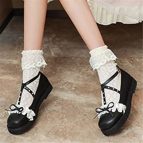 Whiddon Step Loafers 100FIXEO Women Fashion Flats Heel Bow Rivet Buckle Strap Platform Ruffles Round Toe Elegant Mary Janes Shoes (Black, 8.5)
