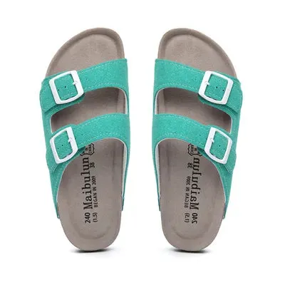 2022 New Summer Men'S Cork Slippers Suede Leather Mule Clogs Slippers Man Soft Cork Two Buckle B Fuzzy Flip Flop Slippers