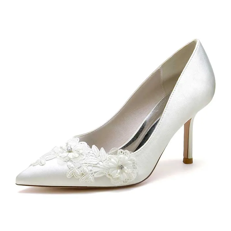 Work Boots For Mud Women's Pumps High Heels Wedding Shoes Flower Appliqued Bridal Shoes