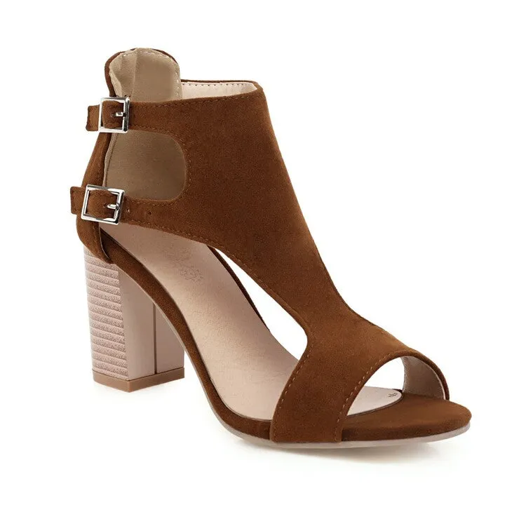 Women's's Hollow Out Suede Open Toe Block Heels Sandals Sandals Hide Toes