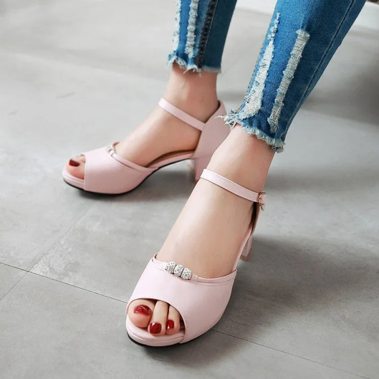 Sandals For Couples Only Women's Solid Color Peep Toe Rhinestone Ankle Strap Block Heels Sandals