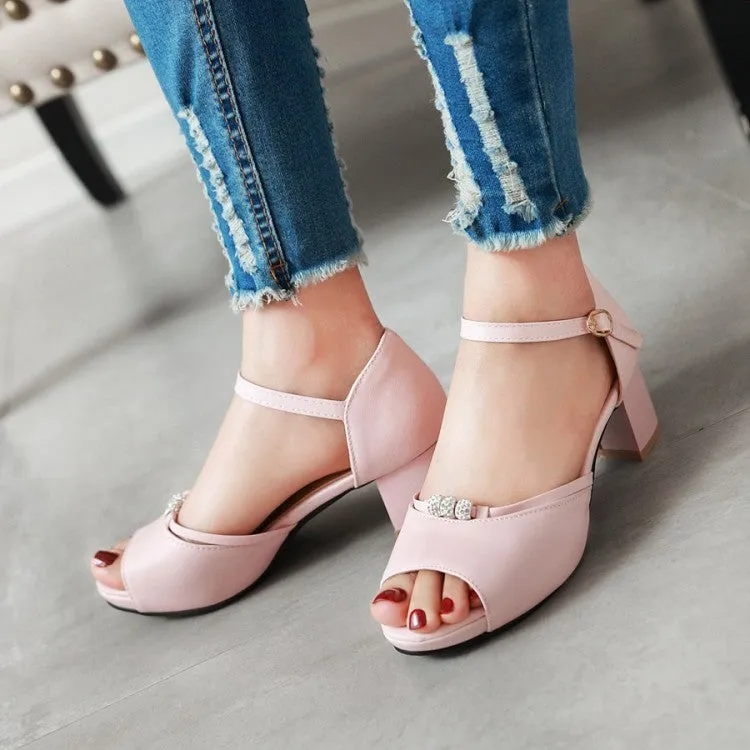 Women's Solid Color Peep Toe Rhinestone Ankle Strap Block Heels Sandals Sandals Church Riverside