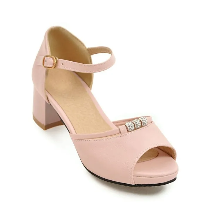 Strappy High Heel Sandals Women's Solid Color Peep Toe Rhinestone Ankle Strap Block Heels Sandals
