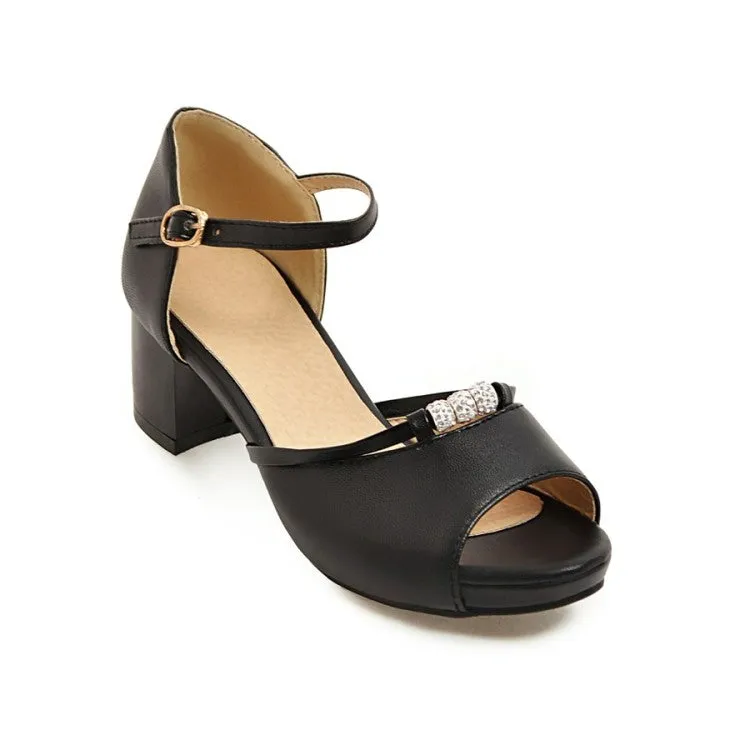 Women's Solid Color Peep Toe Rhinestone Ankle Strap Block Heels Sandals Sandals Strap