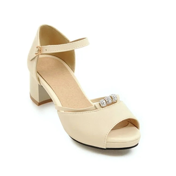 Women's Solid Color Peep Toe Rhinestone Ankle Strap Block Heels Sandals Sandals Images