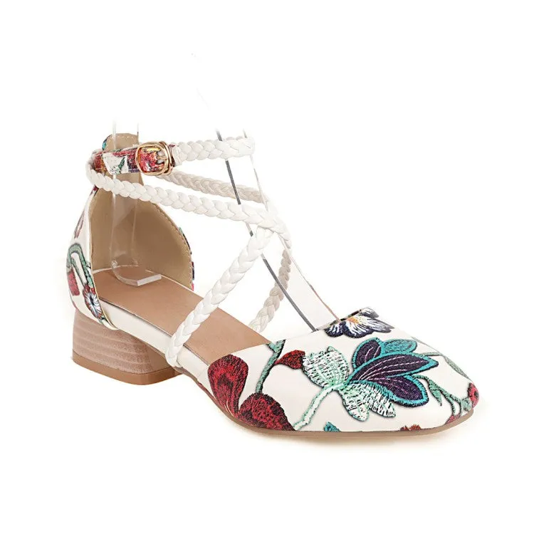 Women's's Ankle Strap Flower Printed Block Heels Sandals Summer Heeled Sandals