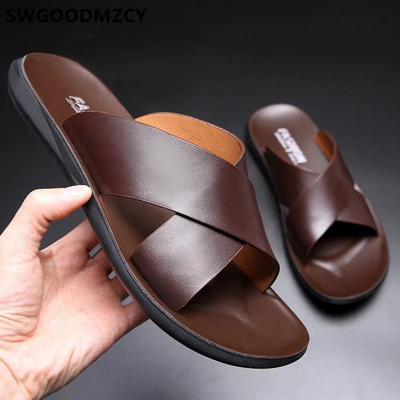 Extra Wide Diabetic Slippers Aidase  Leather Slippers Men Summer Shoes Mens Slippers Outdoor Beach Slippers Shoes male Zapatos De Hombre Erkek Ayakkabi Buty Meskie