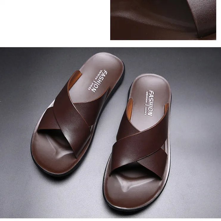 Aidase  Leather Slippers Men Summer Shoes Mens Slippers Outdoor Beach Slippers Shoes male Zapatos De Hombre Erkek Ayakkabi Buty Meskie Slippers Acorn