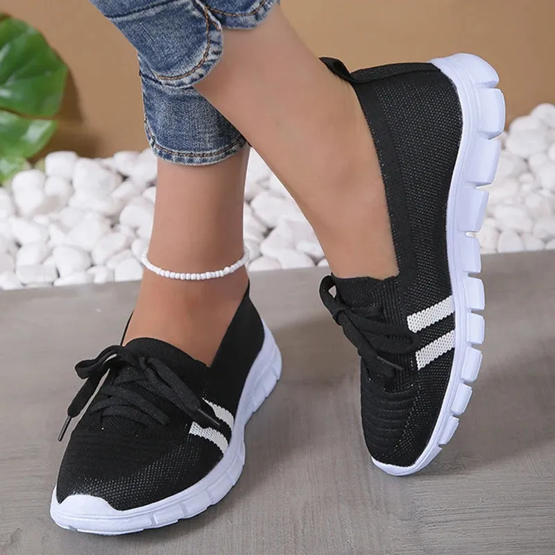 Mesh Knitted Striped Flats Shoes Women Lace Up Casual Sneakers Woman Breathable Soft Sole Loafers Allen Edmonds Loafers