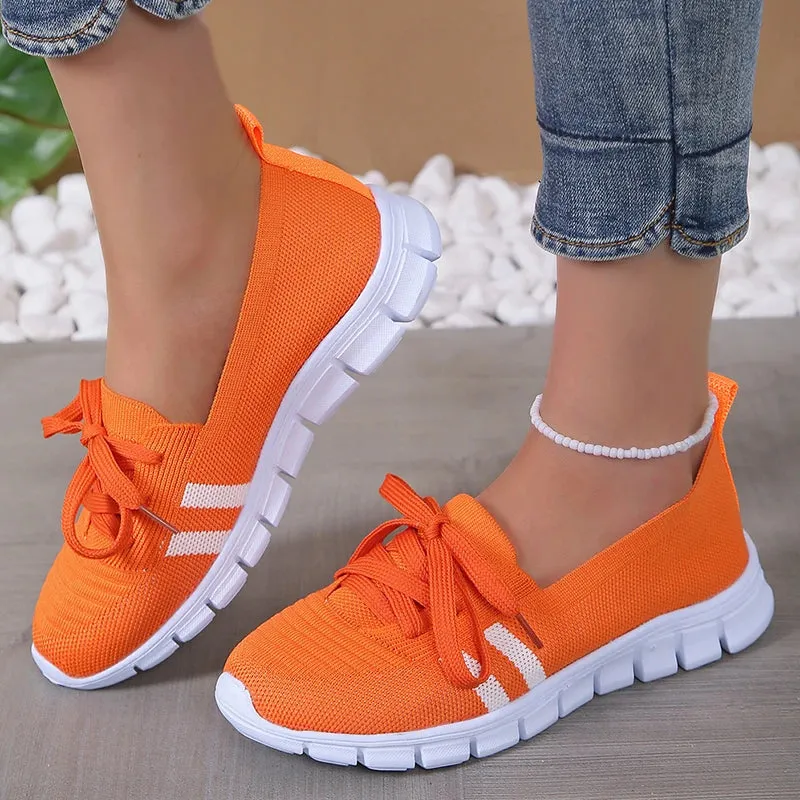 Mesh Knitted Striped Flats Shoes Women Lace Up Casual Sneakers Woman Breathable Soft Sole Loafers Loafers Gommino