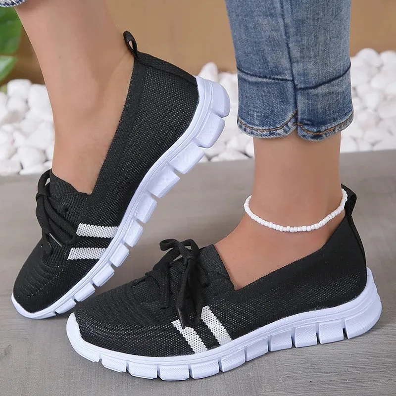 Loafers Trendy Mesh Knitted Striped Flats Shoes Women Lace Up Casual Sneakers Woman Breathable Soft Sole Loafers