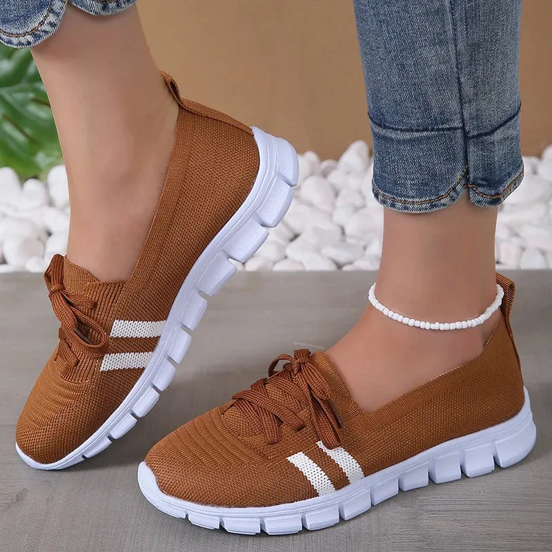 Mesh Knitted Striped Flats Shoes Women Lace Up Casual Sneakers Woman Breathable Soft Sole Loafers Camel Loafers