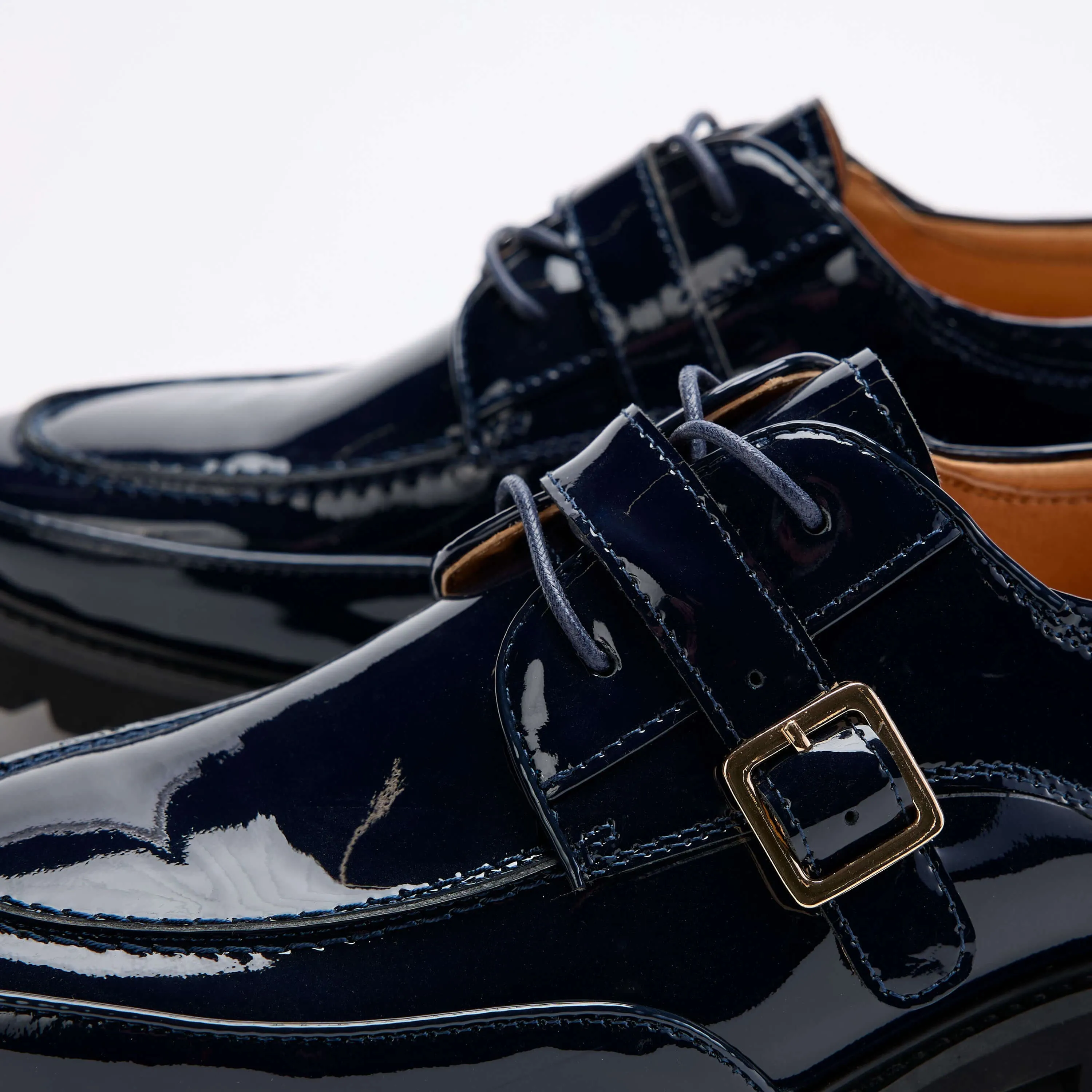 Female Black Oxford Shoes Ms. Atlas Navy Patent Leather Lug Derby