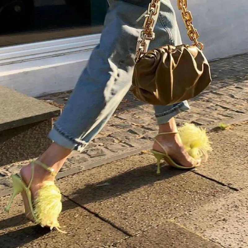 Flip Flops Plant Based Amozae- Feather Flat Sandals Women Candy flip-flops Summer Fur Shoes Green Ladies Luxury Sandalias Party Wedding Shoes Bride