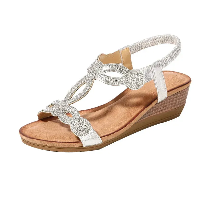 Stretch Flip Flops BEYARNE Women's Shoes Summer New Bohemia Wedge Women Sandals Rhinestone Woman Flip Flops Vintage Women Shoes BeachE627