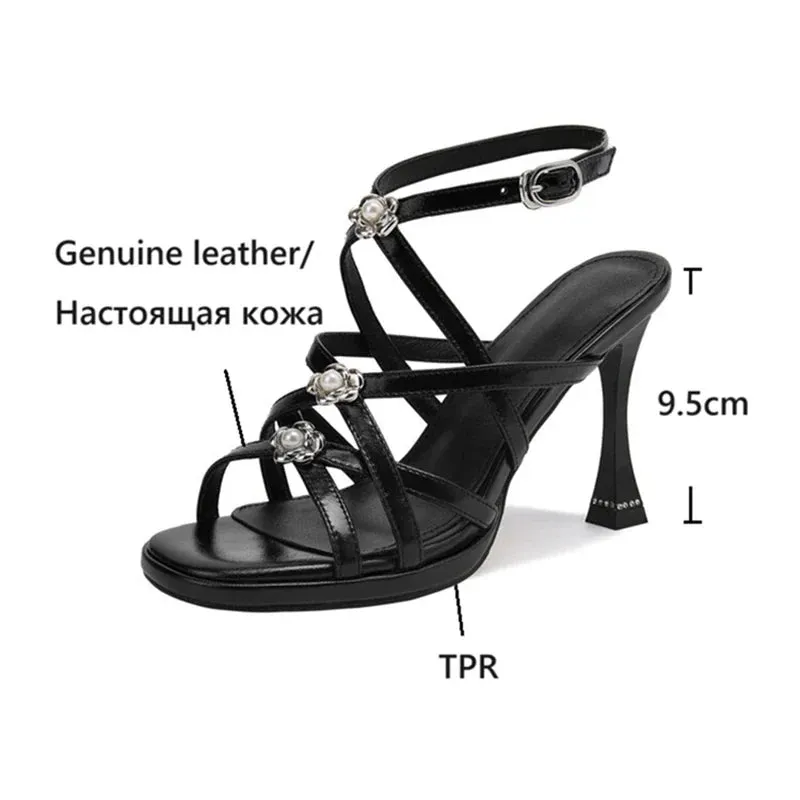binfenxie NEW Summer Women Sandals Genuine Leather Shoes for Women Sexy Round Toe Super High Heel Shoes Roman Narrow Band Flowers Sandals T Sandals