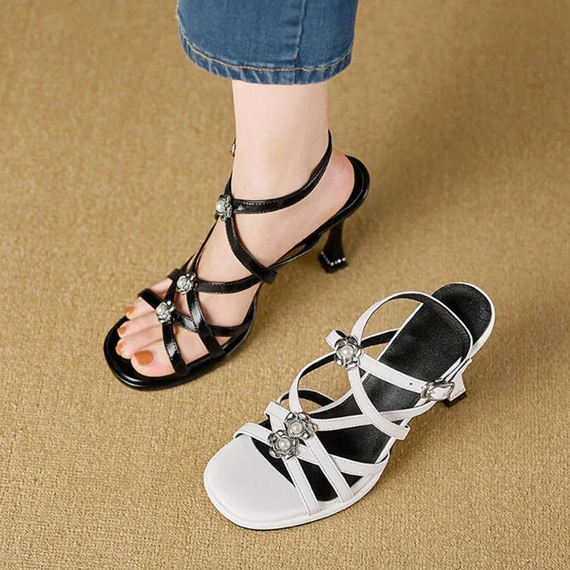Flat Strap Sandals binfenxie NEW Summer Women Sandals Genuine Leather Shoes for Women Sexy Round Toe Super High Heel Shoes Roman Narrow Band Flowers Sandals