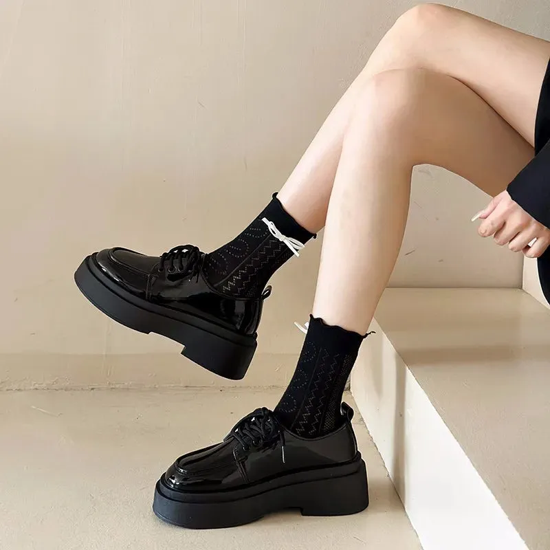 binfenxie  -  Retro British Style Black Loafers for Women Fashion Casual New Designer Platform Shoes Ladies PU Leather Lace Pumps Shoes Ladies White Loafers Leather