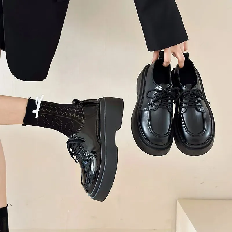 Suede Loafers Rubber Sole binfenxie  -  Retro British Style Black Loafers for Women Fashion Casual New Designer Platform Shoes Ladies PU Leather Lace Pumps Shoes Ladies