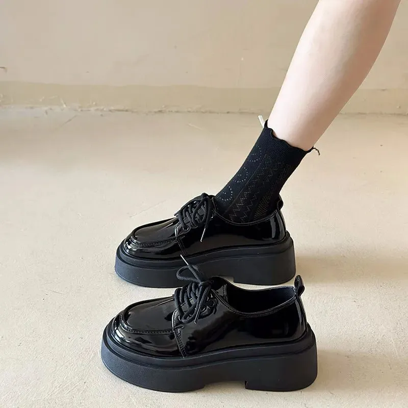 Jewelled Loafers binfenxie  -  Retro British Style Black Loafers for Women Fashion Casual New Designer Platform Shoes Ladies PU Leather Lace Pumps Shoes Ladies