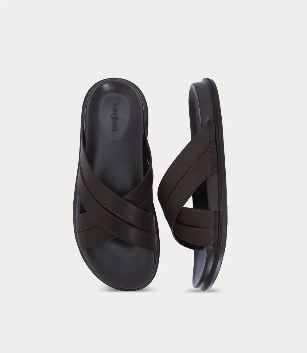 Slip On Leather Work Boots BM6874-BROWN-Men Slipper