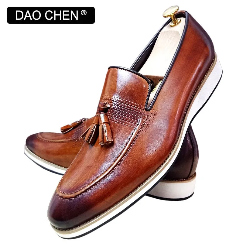 BROWN SLIP ON MAN SHOE TASSELS WEAVE DRESS SHOES WEDDING OFFICE GENUINE LEATHER LOAFERS FOR MEN Cushioned Loafers