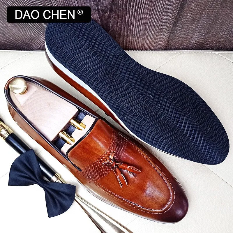 Boden Loafers BROWN SLIP ON MAN SHOE TASSELS WEAVE DRESS SHOES WEDDING OFFICE GENUINE LEATHER LOAFERS FOR MEN