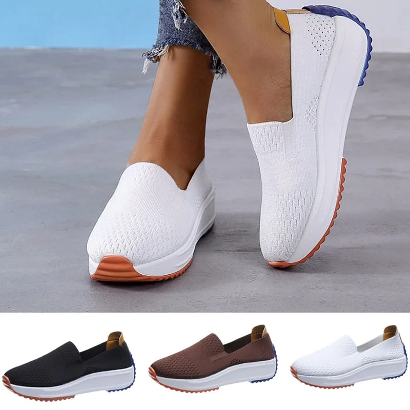 Breathable Fashion Casual Sneakers Women Slip-on Loafers Mesh Shoes Block Heeled Loafers