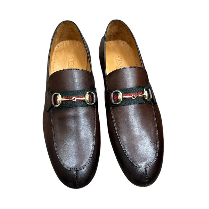 Slip-ons And Loafers Brown Men's Loafers Slip-on Dress Shoes Gold Buckle Green and Red Stripes Style No:6525