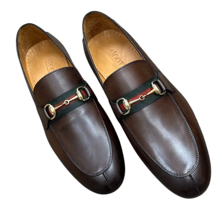 Sport Loafers Brown Men's Loafers Slip-on Dress Shoes Gold Buckle Green and Red Stripes Style No:6525