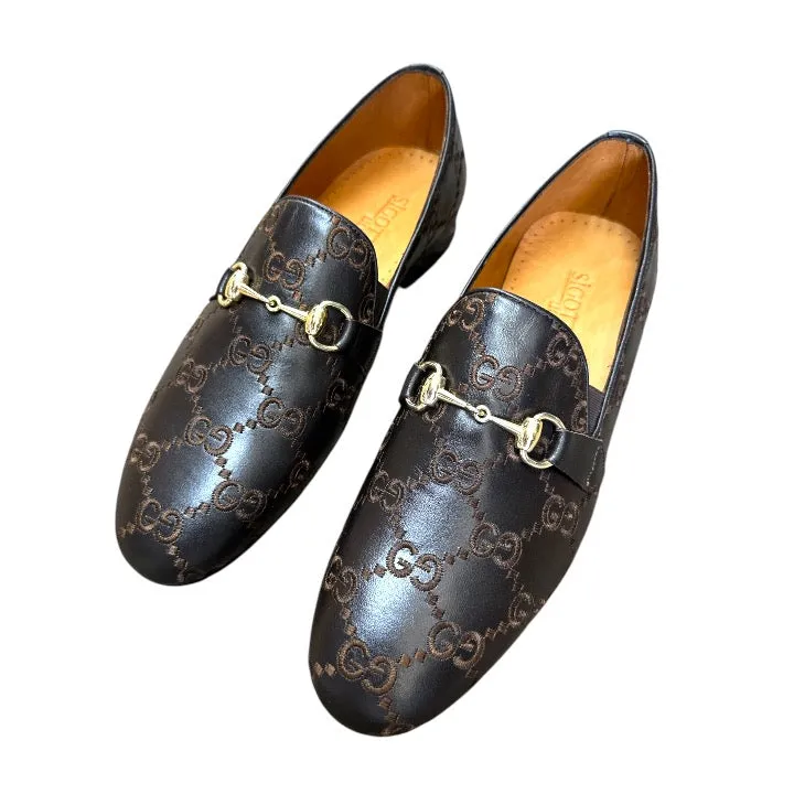 Loafers Round Toe Brown Men's Luxury Trendy Loafers Slip-on Dress Shoes with Gold Buckle Style No: 1150