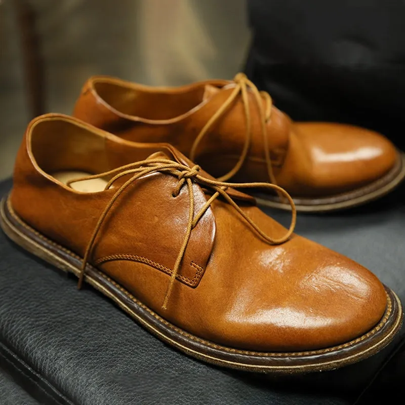 Round Toe Derby Shoes For Women Goodyear Horse Leather Lace Up Oxfords in Brown/Red/Grey Vintage Oxfords With Zipper Detail