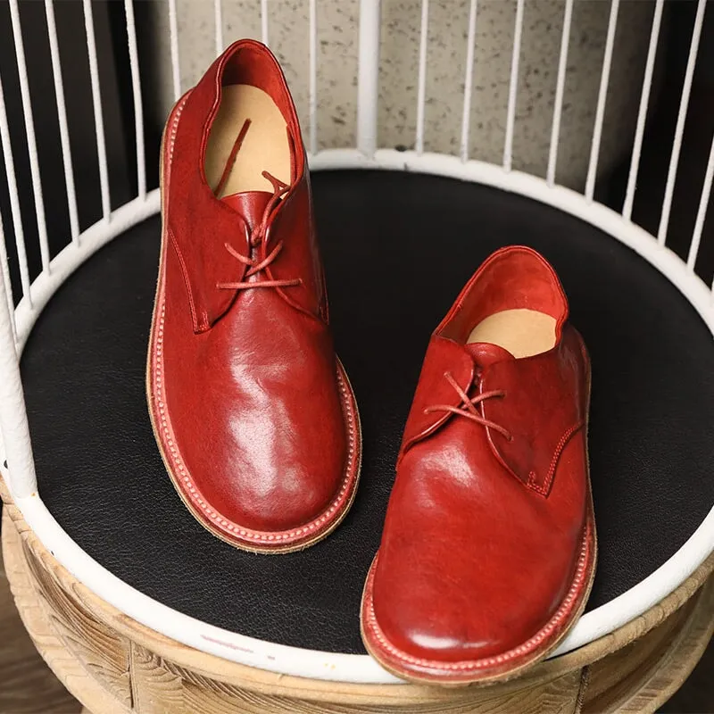 Male Oxfords Round Toe Derby Shoes For Women Goodyear Horse Leather Lace Up Oxfords in Brown/Red/Grey