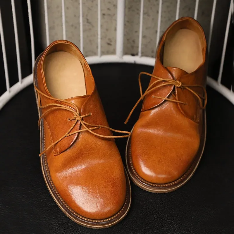 Round Toe Derby Shoes For Women Goodyear Horse Leather Lace Up Oxfords in Brown/Red/Grey Oxfords With Dresses