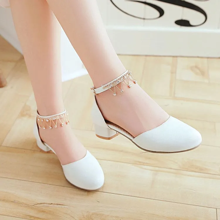 Comfortable Sandals For Wedding Women's Solid Color Round Toe Pearls Rhinestone Ankle Strap Block Heel Low Heels Sandals