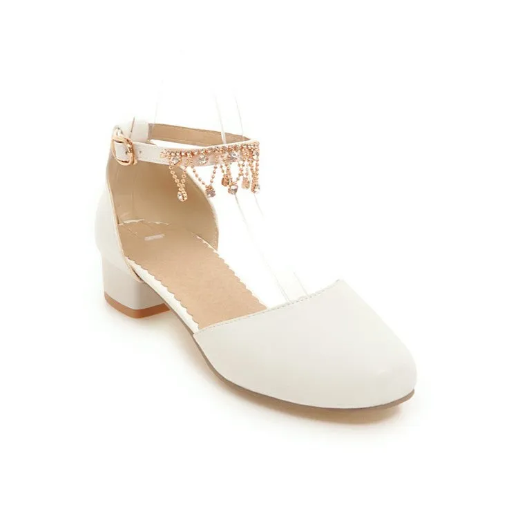 Flower Sandals Women's Solid Color Round Toe Pearls Rhinestone Ankle Strap Block Heel Low Heels Sandals