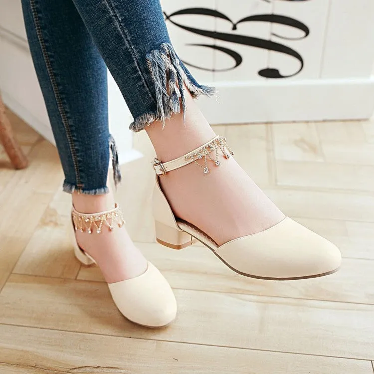 Sandals With Gold Women's Solid Color Round Toe Pearls Rhinestone Ankle Strap Block Heel Low Heels Sandals