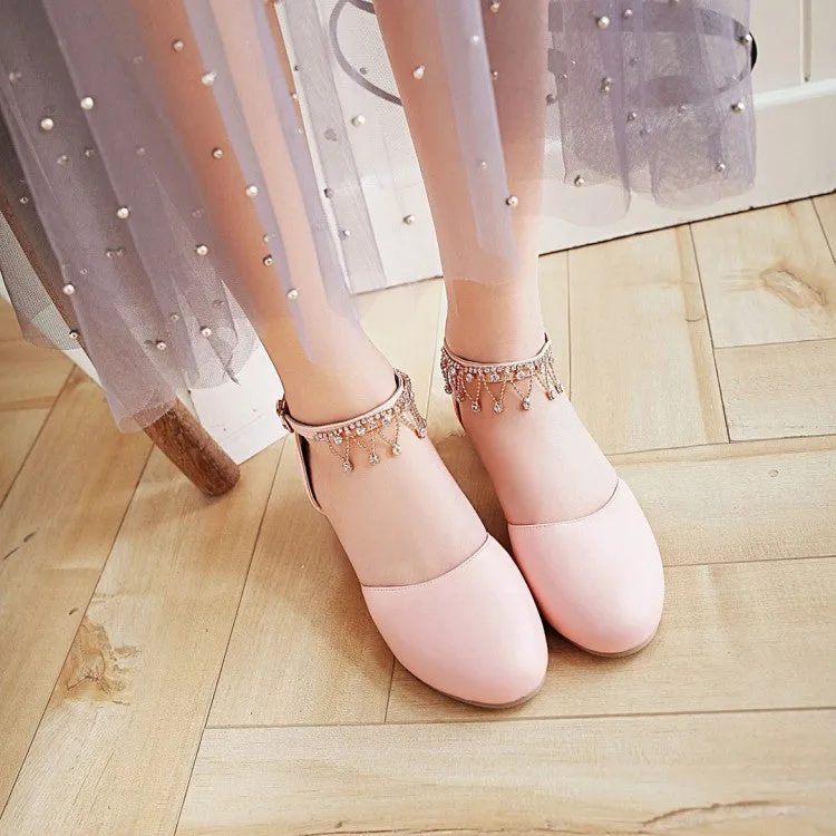 Resorts In Montego Bay Women's Solid Color Round Toe Pearls Rhinestone Ankle Strap Block Heel Low Heels Sandals