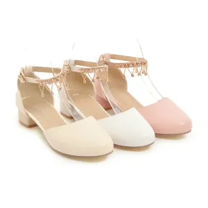 Women's Solid Color Round Toe Pearls Rhinestone Ankle Strap Block Heel Low Heels Sandals Sandals Travel Insurance