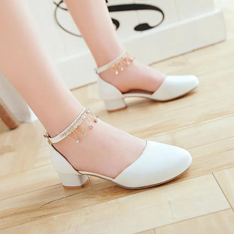 Women's Solid Color Round Toe Pearls Rhinestone Ankle Strap Block Heel Low Heels Sandals Hike Sandals
