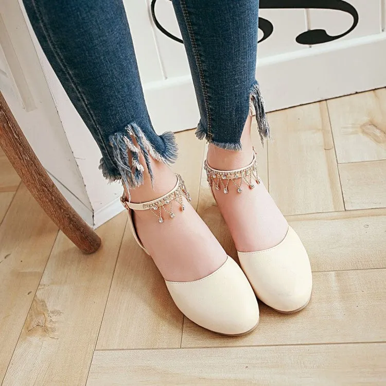 Women's Solid Color Round Toe Pearls Rhinestone Ankle Strap Block Heel Low Heels Sandals Sandals With Ankle Support