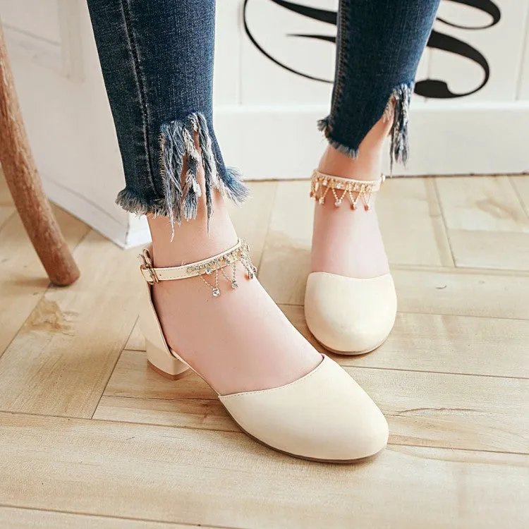 Women's Solid Color Round Toe Pearls Rhinestone Ankle Strap Block Heel Low Heels Sandals Dupe Sandals