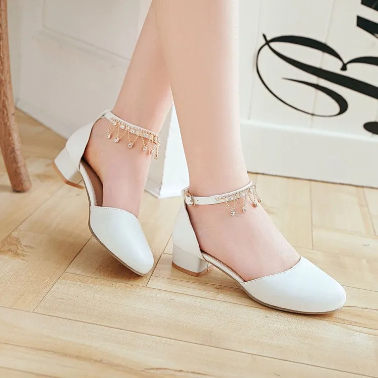 Women's Solid Color Round Toe Pearls Rhinestone Ankle Strap Block Heel Low Heels Sandals Best Outdoor Sandals