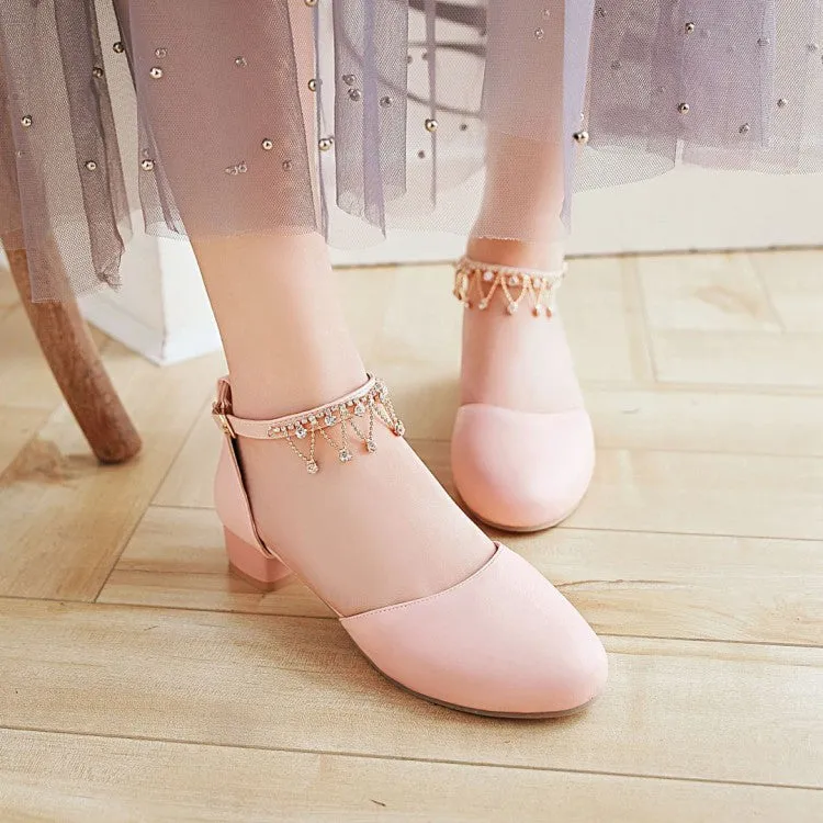 Women's Solid Color Round Toe Pearls Rhinestone Ankle Strap Block Heel Low Heels Sandals Double Strap Platform Sandals