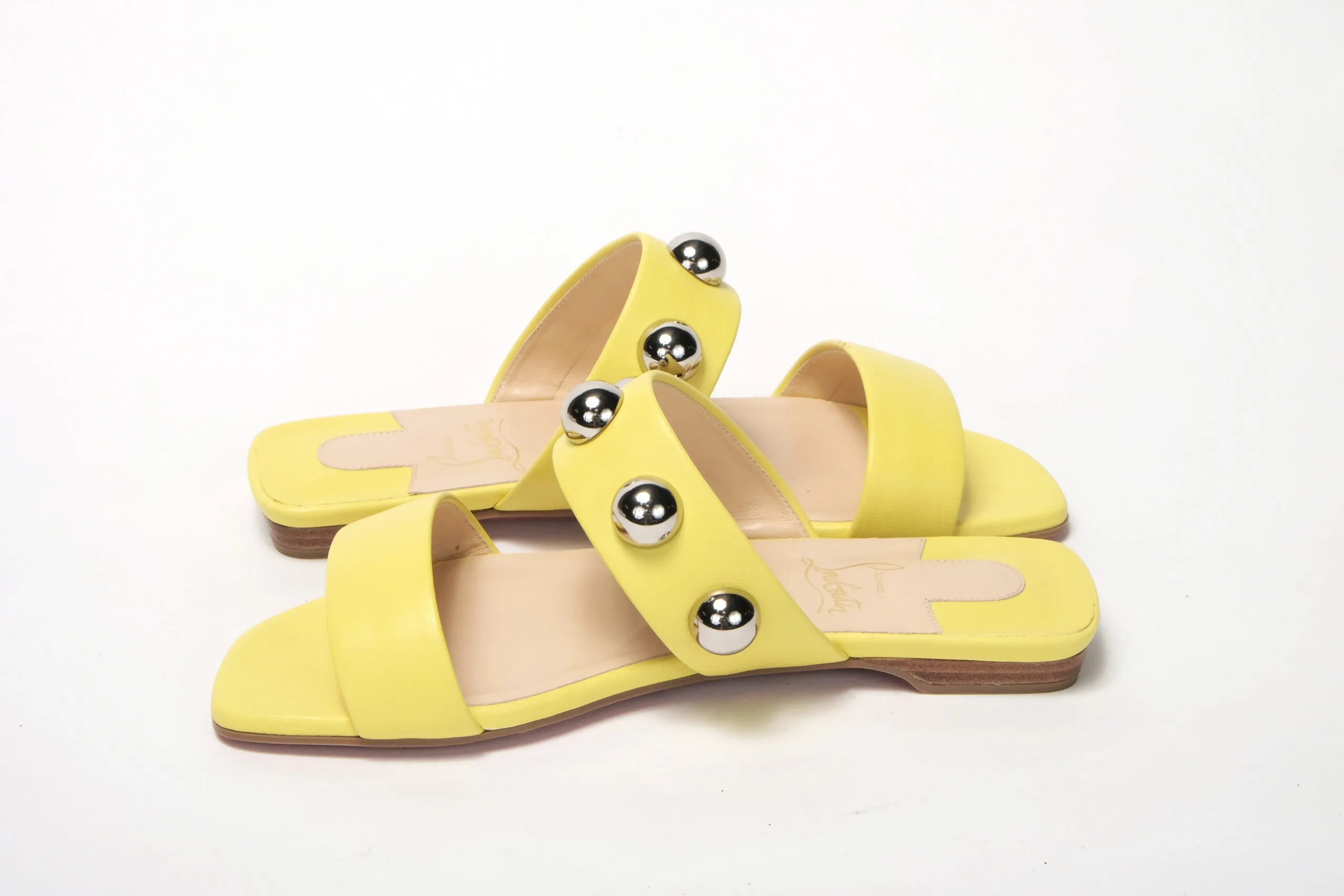 Print Flat Shoes Christian Louboutin Bright Yellow Silver Wide Strap Studded Flat